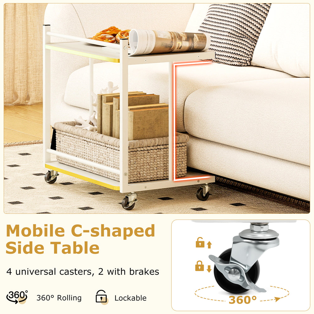 Mobile C-shaped side table with golden trimmed edges, featuring 2-tier storage and 360° rolling casters for easy.