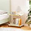 Mobile side table with golden trimmed edges, featuring 2-tier open shelves and wheels for easy mobility in modern decor.