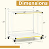 Mobile side table dimensions with golden trimmed edges, featuring 2-tier shelves and rolling casters for easy mobility.