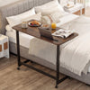 Mobile side table with rustic brown finish, featuring a wide tabletop and tablet slot, ideal for bedroom or office use.