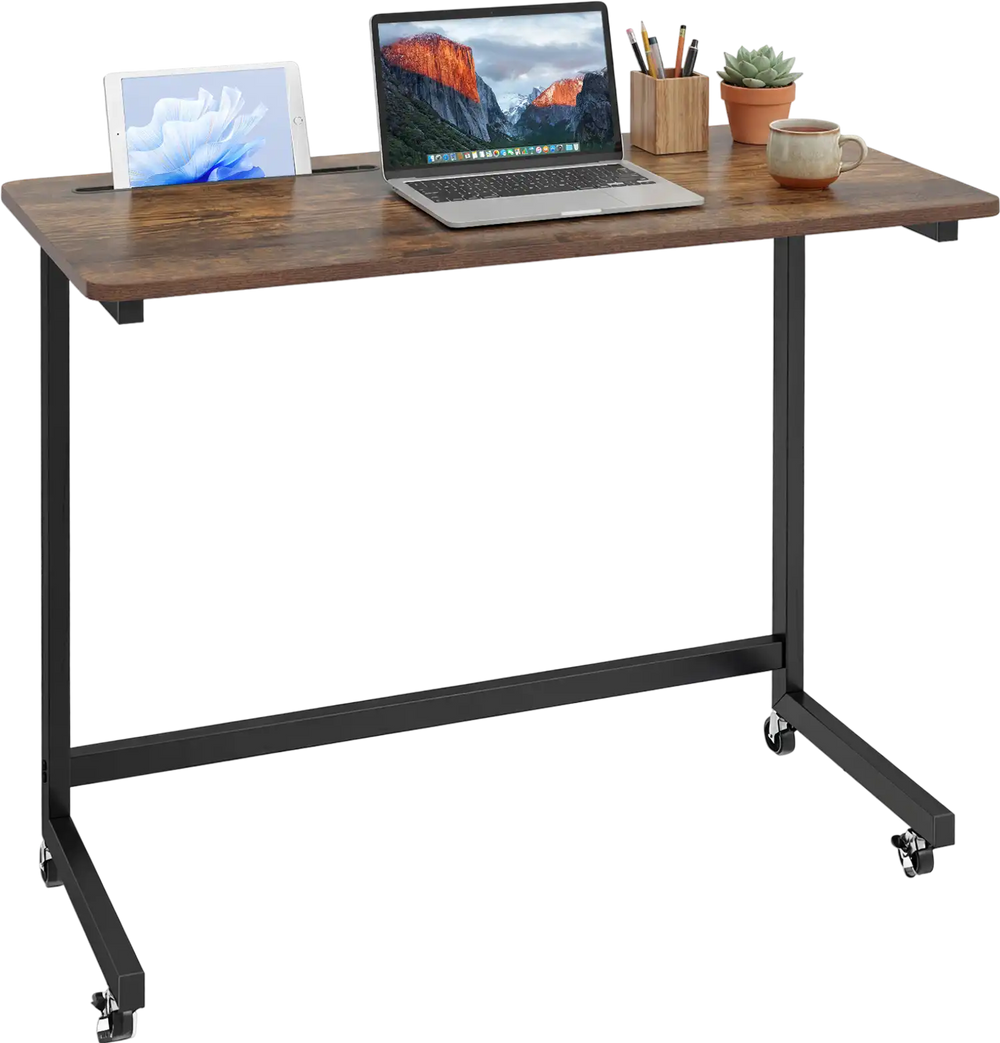Mobile side table rolling laptop desk cart in rustic brown with tablet slot, ideal for home or office use.