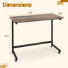 Mobile side table rolling laptop desk cart in rustic brown with dimensions, featuring a durable metal frame and tablet.