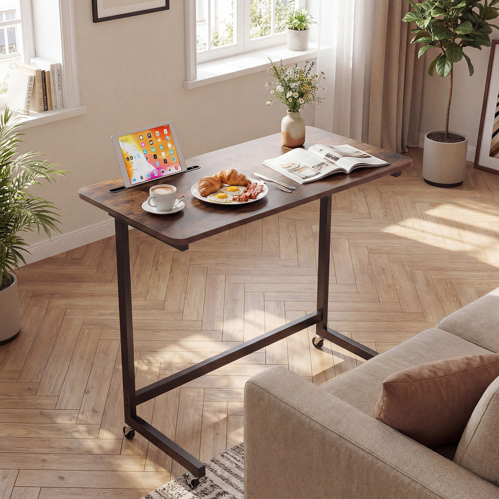 Mobile side table rolling laptop desk cart in rustic brown with a wide tabletop and built-in tablet slot for versatile.