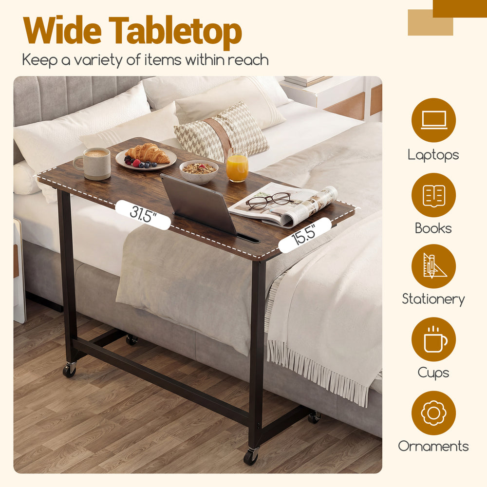 Mobile side table rolling laptop desk cart in rustic brown with wide tabletop, tablet slot, and wheels for easy.