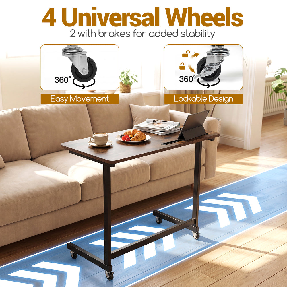 Mobile side table rolling laptop desk cart in rustic brown with 4 wheels, featuring a tablet slot for convenient use.