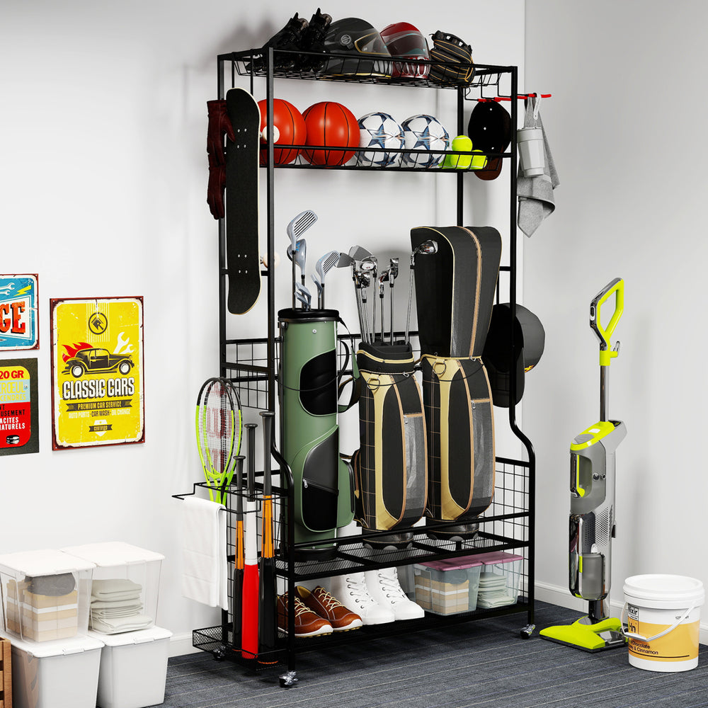 Mobile sports equipment organizer in black, featuring storage for golf bags, balls, and shoes, ideal for garage or.