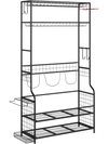 Mobile sports equipment organizer in black with storage for 3 golf bags, hooks, and baskets for accessories.