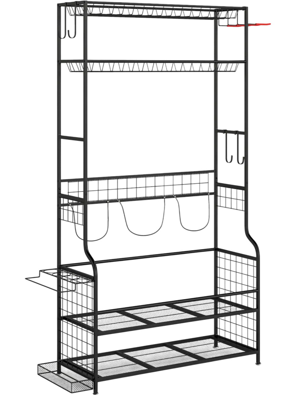 Mobile sports equipment organizer in black with storage for 3 golf bags, hooks, and baskets for accessories.
