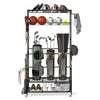 Mobile sports equipment organizer in black with golf bag storage, ball baskets, and adjustable hooks for versatile use.