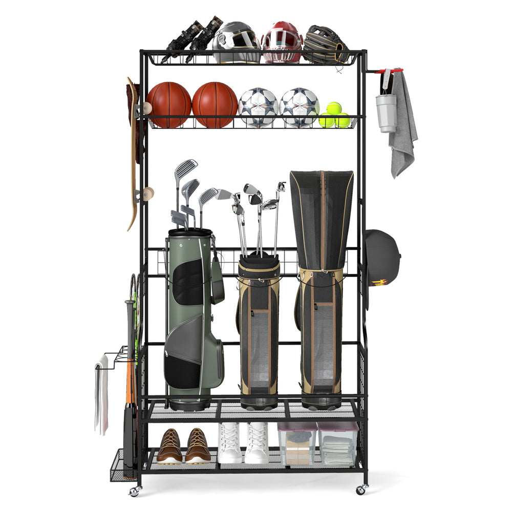 Mobile sports equipment organizer in black with golf bag storage, ball baskets, and adjustable hooks for versatile use.