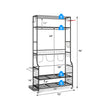 Mobile sports equipment organizer in black, designed for 3 golf bags, featuring shelves and hooks for versatile storage.