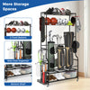 Mobile sports equipment organizer in black with golf bag storage, fixed baskets, and adjustable hooks for versatile use.