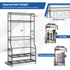 Mobile sports equipment organizer in black, featuring storage for 3 golf bags, hooks, and a bottom shelf for shoes.