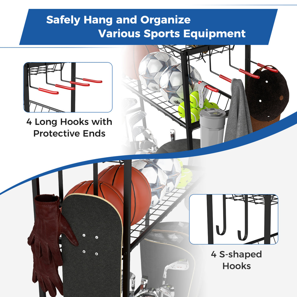 Mobile sports equipment organizer featuring 4 long hooks and 4 S-shaped hooks for versatile storage of sports gear.