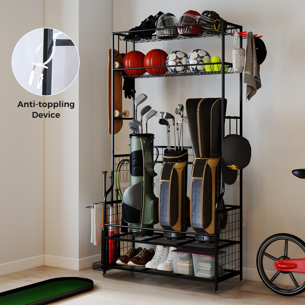 Mobile sports equipment organizer in black with golf bag storage, featuring adjustable shelves and anti-toppling device.