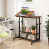 Height adjustable mobile stand-up desk with a tilting tabletop in rustic brown, ideal for home office or study use.