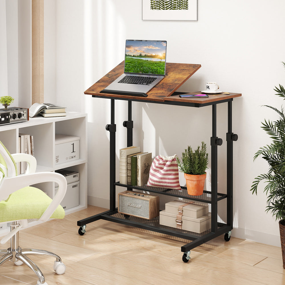 Height adjustable mobile stand-up desk with a tilting tabletop in rustic brown, ideal for home office or study use.