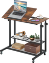 Height adjustable mobile stand-up desk with a tilting tabletop in rustic brown, featuring 2-tier mesh shelves and.
