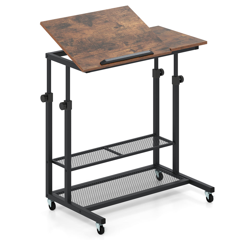 Height adjustable mobile stand-up desk with a rustic brown tilting tabletop and 2-tier mesh shelves for versatile use.