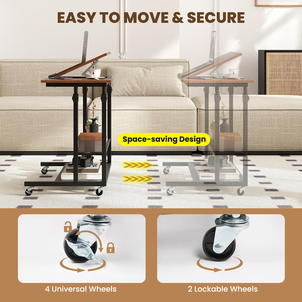 Mobile height adjustable desk in rustic brown with tilting tabletop and lockable wheels, ideal for home or office use.