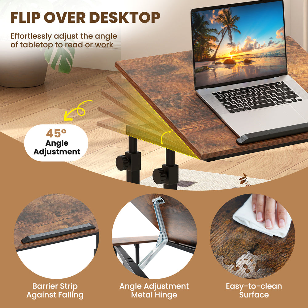 Height adjustable mobile stand-up desk with tilting rustic brown tabletop for ergonomic use, ideal for home or office.