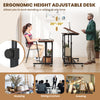 Height adjustable mobile stand-up desk with tilting tabletop in rustic brown, ideal for studying or working.