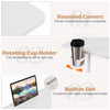 Mobile standing desk with rounded corners, rotating cup holder, and built-in slot for tablet, ideal for efficient.