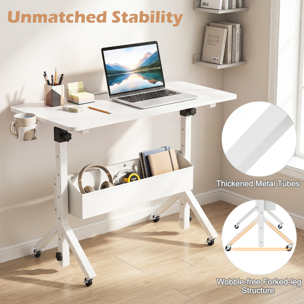 Mobile standing desk with adjustable height, sturdy metal frame, and storage basket, perfect for small spaces.