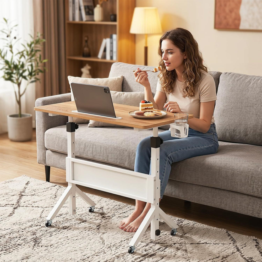 Mobile Standing Desk Height Adjustable Rolling Laptop Desk with Cup Holder Storage Basket-Natural - Gallery View 1 of 7