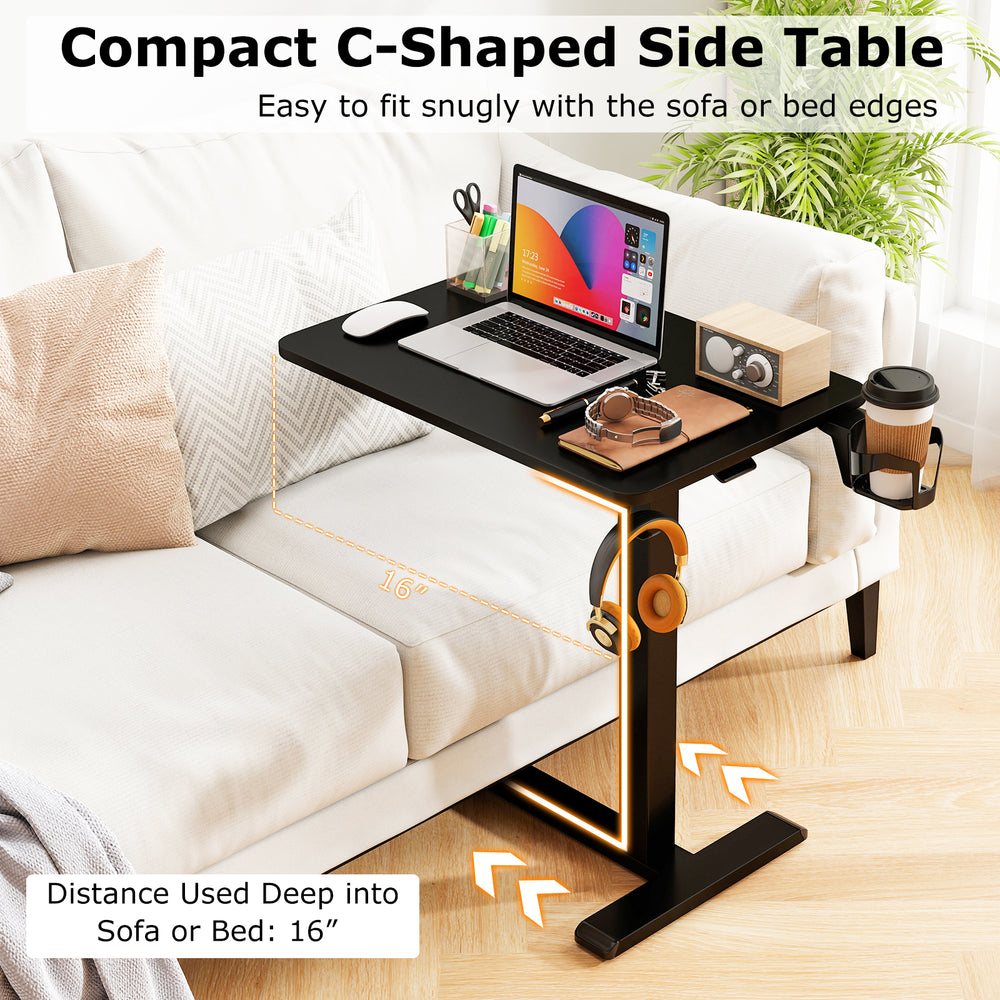 Compact C-shaped side table in black with adjustable height, cup holder, and rolling wheels for easy movement.