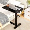 C-shaped mobile standing desk in black with adjustable height, cup holder, and convenient headphone hook for bedside.
