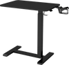 Mobile standing desk in black with height adjustment, cup holder, and compact design for bedside or sofa use.