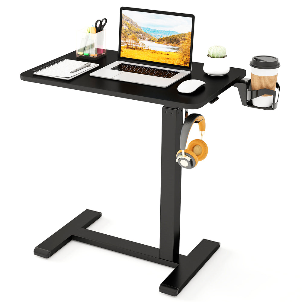 Height adjustable mobile standing desk in black with cup holder, headphone hook, and spacious tabletop for versatile.