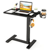 Height adjustable mobile standing desk in black with cup holder, headphone hook, and spacious tabletop for versatile.