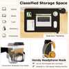 Mobile standing desk with spacious black tabletop, adjustable height, cup holder, and headphone hook for versatile use.