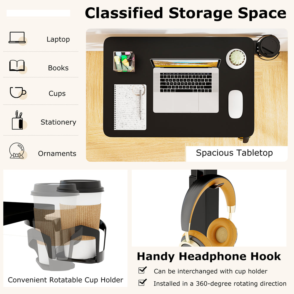 Mobile standing desk with spacious black tabletop, adjustable height, cup holder, and headphone hook for versatile use.