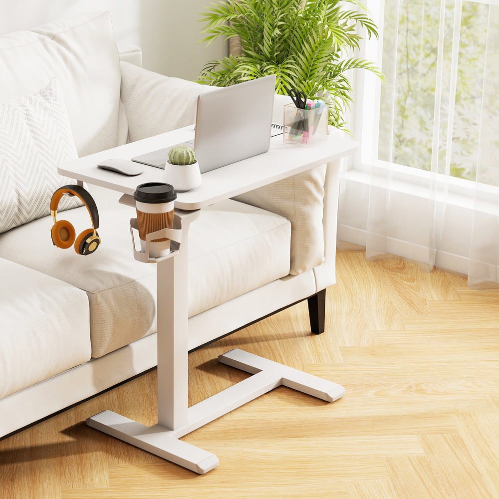 Mobile Standing Desk Height Adjustable Overbed Bedside Table with Cup Holder-White - Gallery View 1 of 11