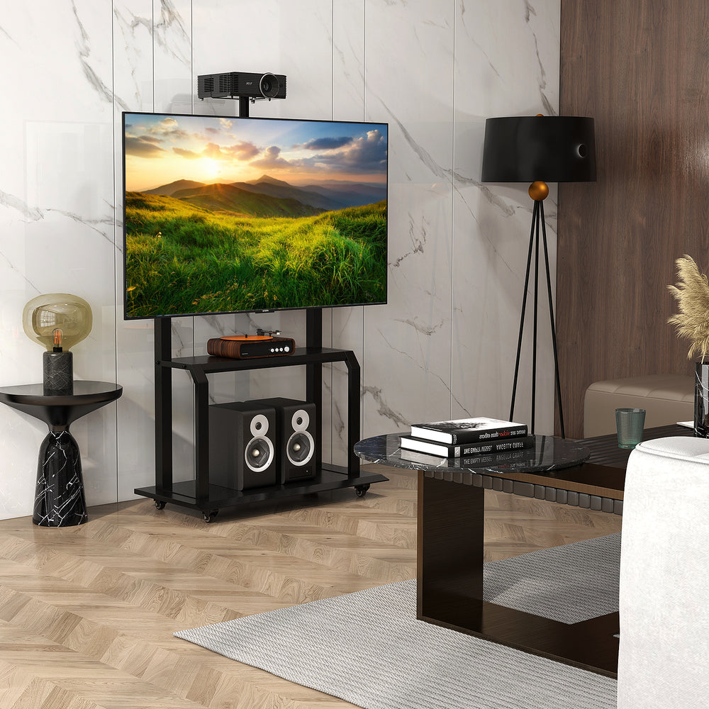 Mobile TV stand with adjustable camera shelf and AV shelves, designed for 32"-80" TVs, ideal for home or office use.