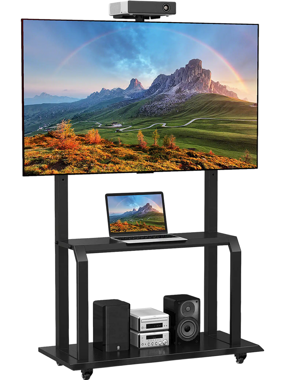 Mobile TV Stand with Camera Shelf and AV Shelves for 32-80 Inch Flat/Curved TVs
