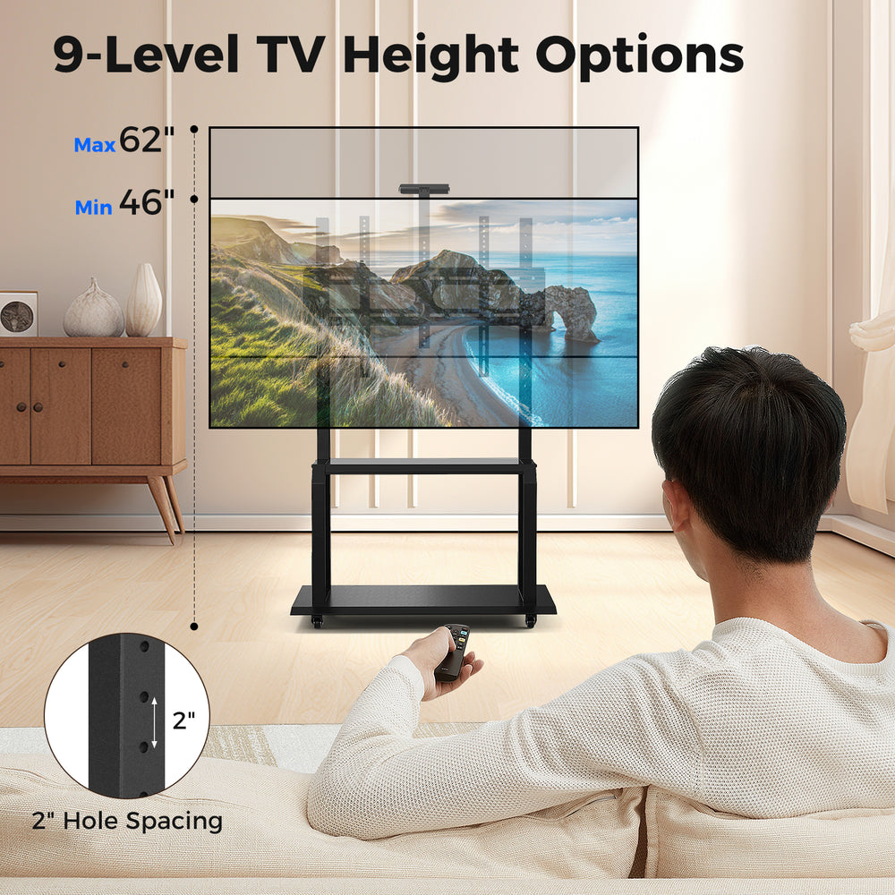 Mobile TV stand with adjustable height for 32"-80" TVs, featuring a camera shelf and AV shelves for versatile use.