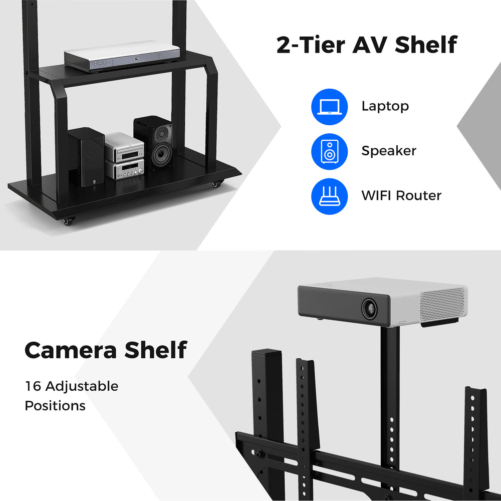 Mobile TV stand with 2-tier AV shelf for laptop and speaker, plus adjustable camera shelf for versatile use.