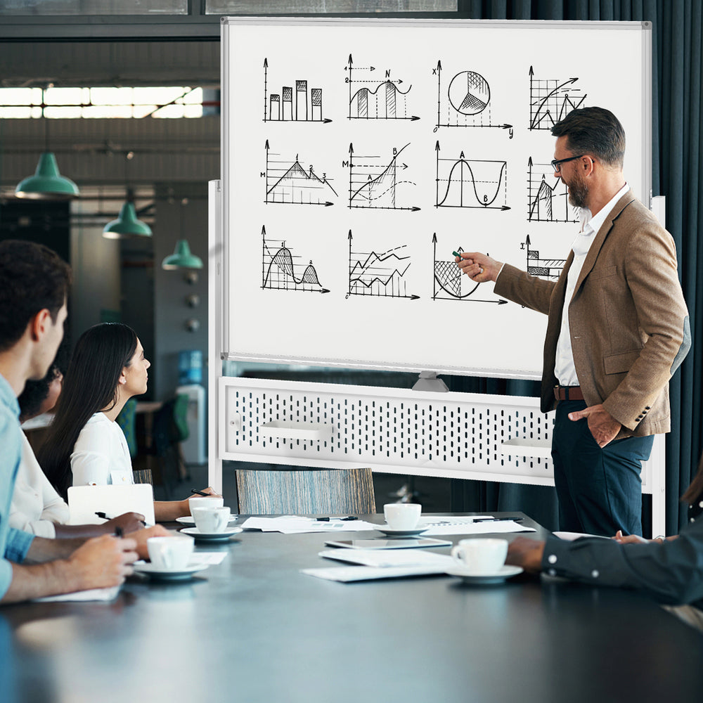 Mobile double-sided magnetic whiteboard with adjustable height, used for presentations in a meeting room setting.
