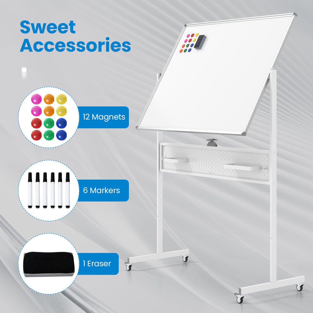 Mobile double-sided magnetic whiteboard with adjustable height, 360° rotation, and included accessories for versatile.