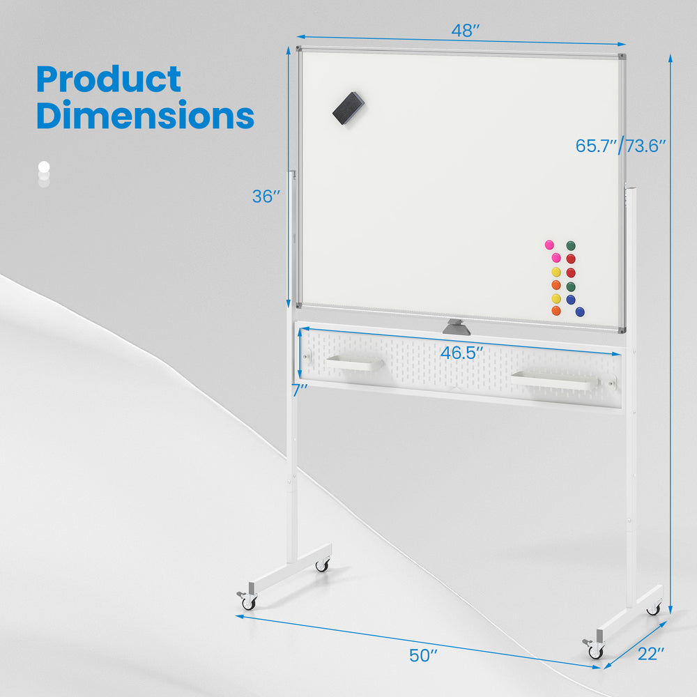 Mobile double-sided magnetic whiteboard with adjustable height and pegboard, ideal for classrooms and meetings.