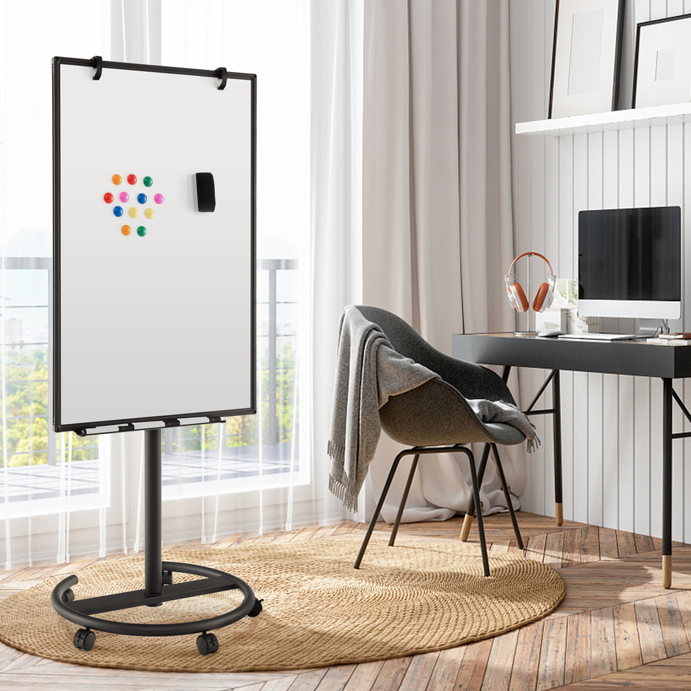 Height-Adjustable Mobile Whiteboard with Round Stand Paper Clips-Black - Gallery View 1 of 9
