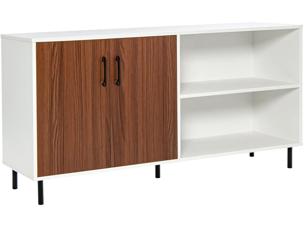 Modern buffet sideboard in walnut with two doors and open compartments, ideal for dining room or living room storage.