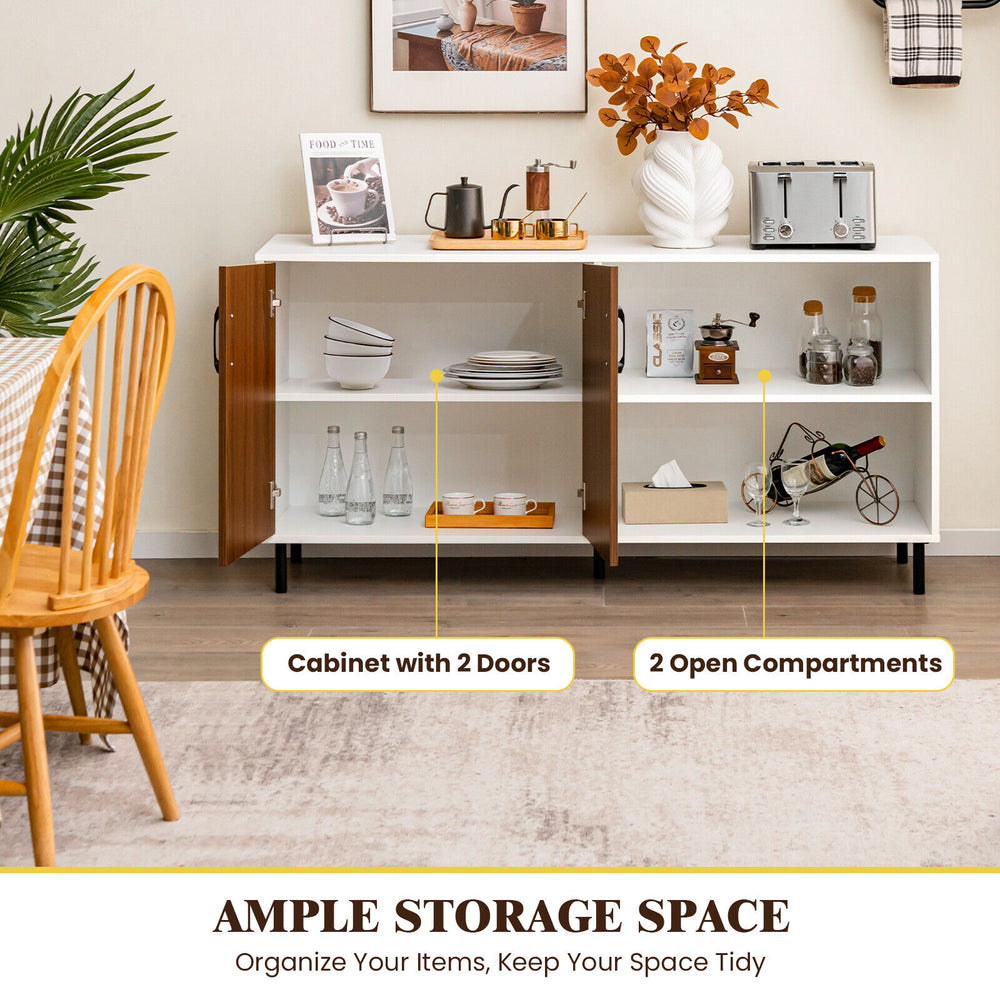 Modern buffet sideboard in walnut with 2 doors and open compartments, perfect for kitchen or dining room storage.