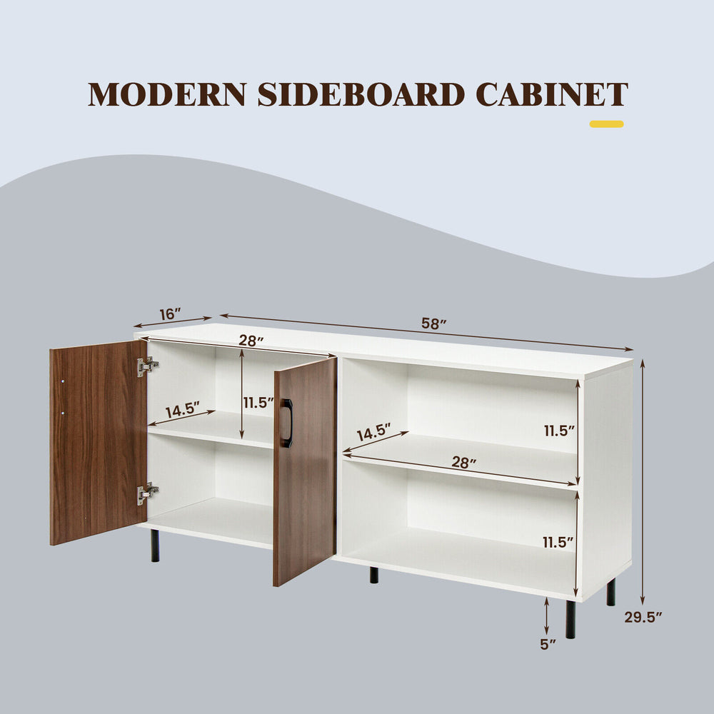 Modern buffet sideboard cabinet in walnut with two doors and open compartments, ideal for dining or living room storage.