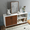 Modern buffet sideboard with walnut doors and open compartments, ideal for dining or living room storage.