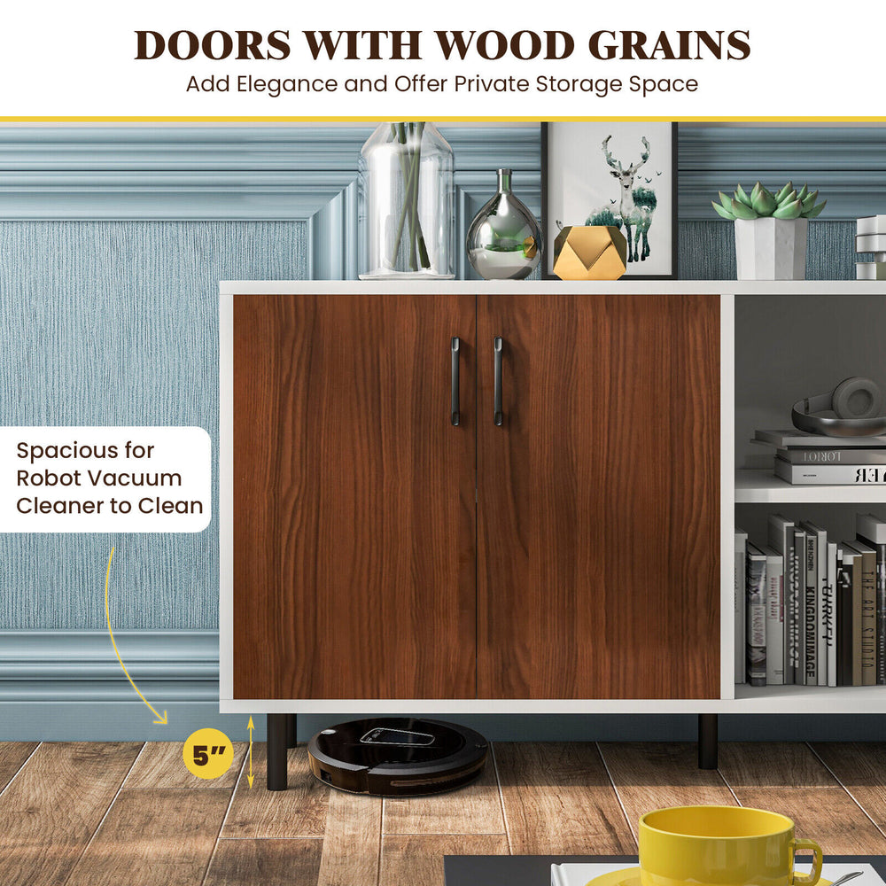 Modern buffet sideboard with walnut doors, spacious storage, and high metal legs for easy cleaning underneath.